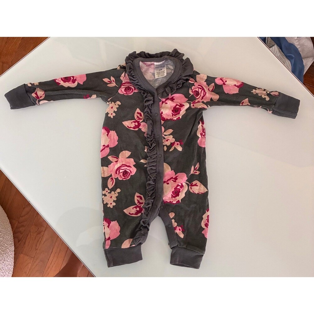 Modern Moments by Gerber Gray w/ Pink Floral Ruffle Romper – 0–3 Months